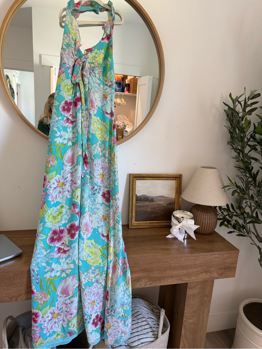 KAY UNGER- Turquoise Floral Halter Maxi Dress with Pink & Yellow Blooms